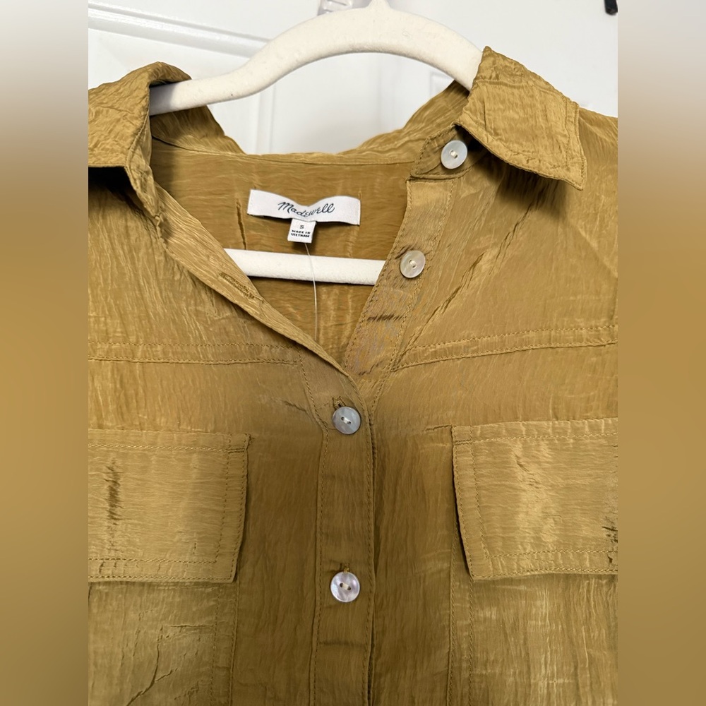 Madewell Crinkled Utility Button-Up Shirt Cropped Sheen Spiced Olive Green nwt - Picture 3 of 4